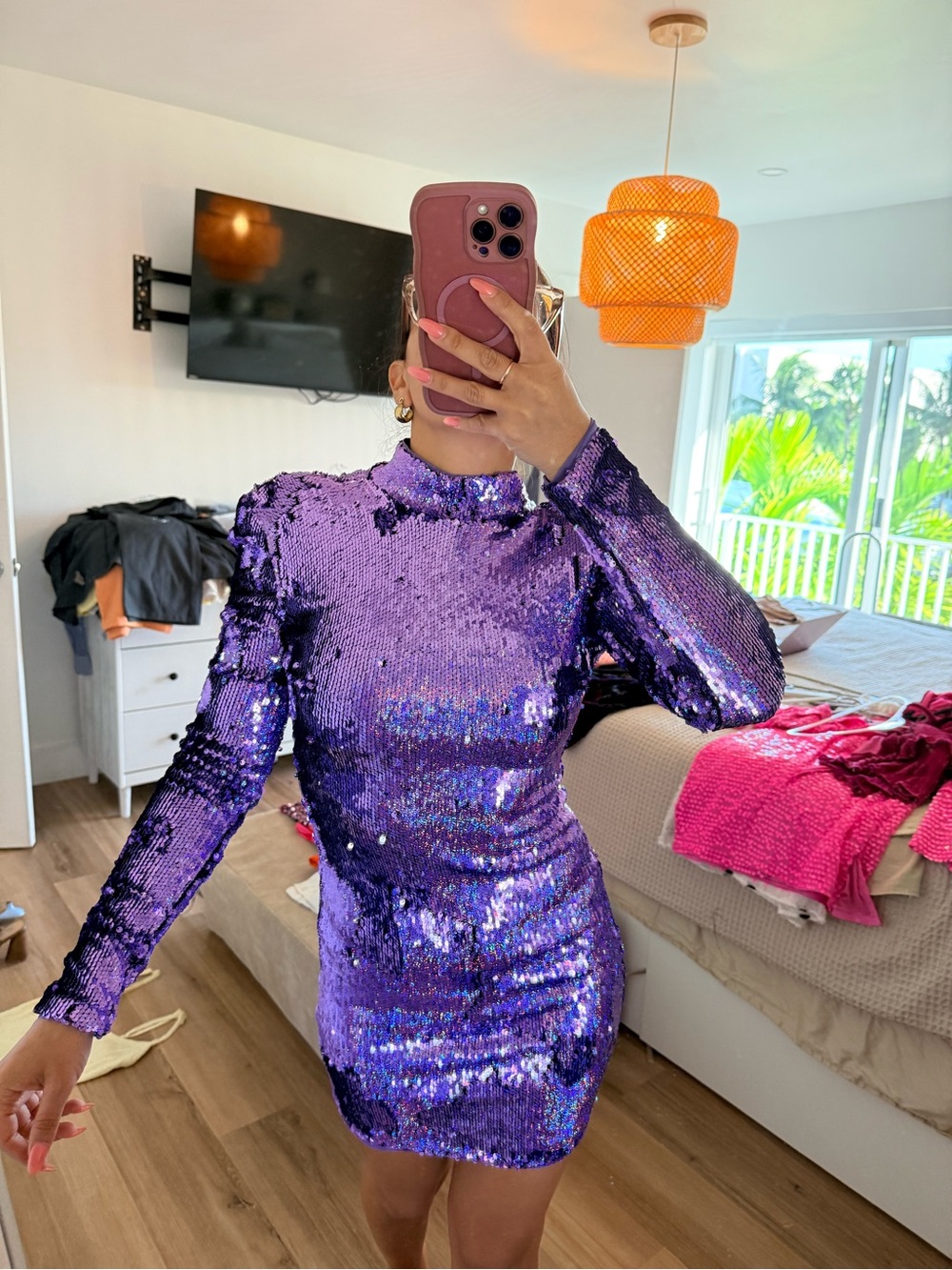 Bershka x Balmain Purple Sequin Long-Sleeve Mini Dress